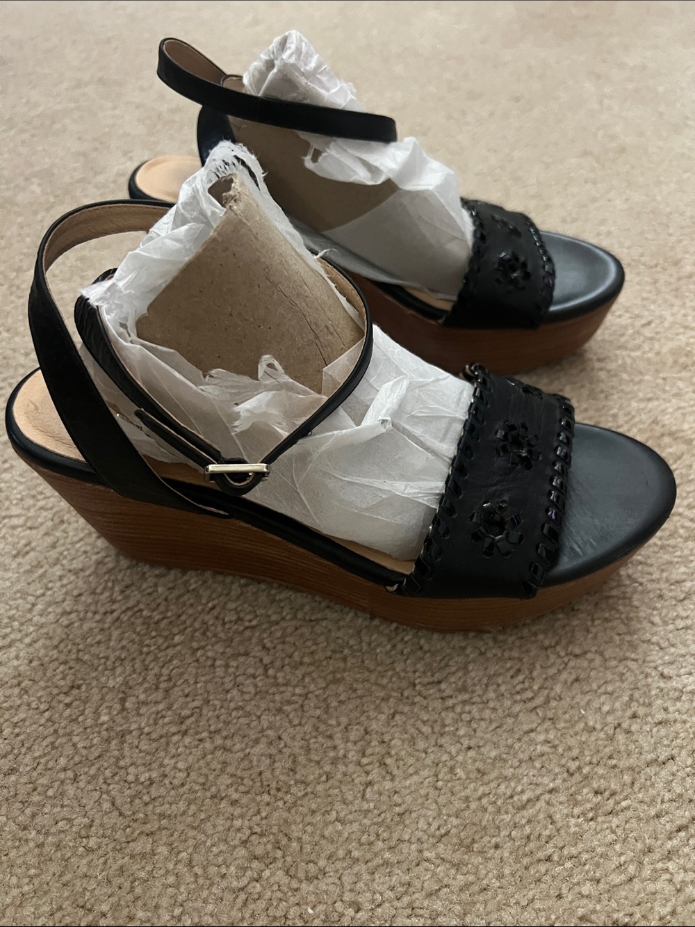 Jack Rogers 9 Black Leather Wedge Sandals with Wood-Look Platform